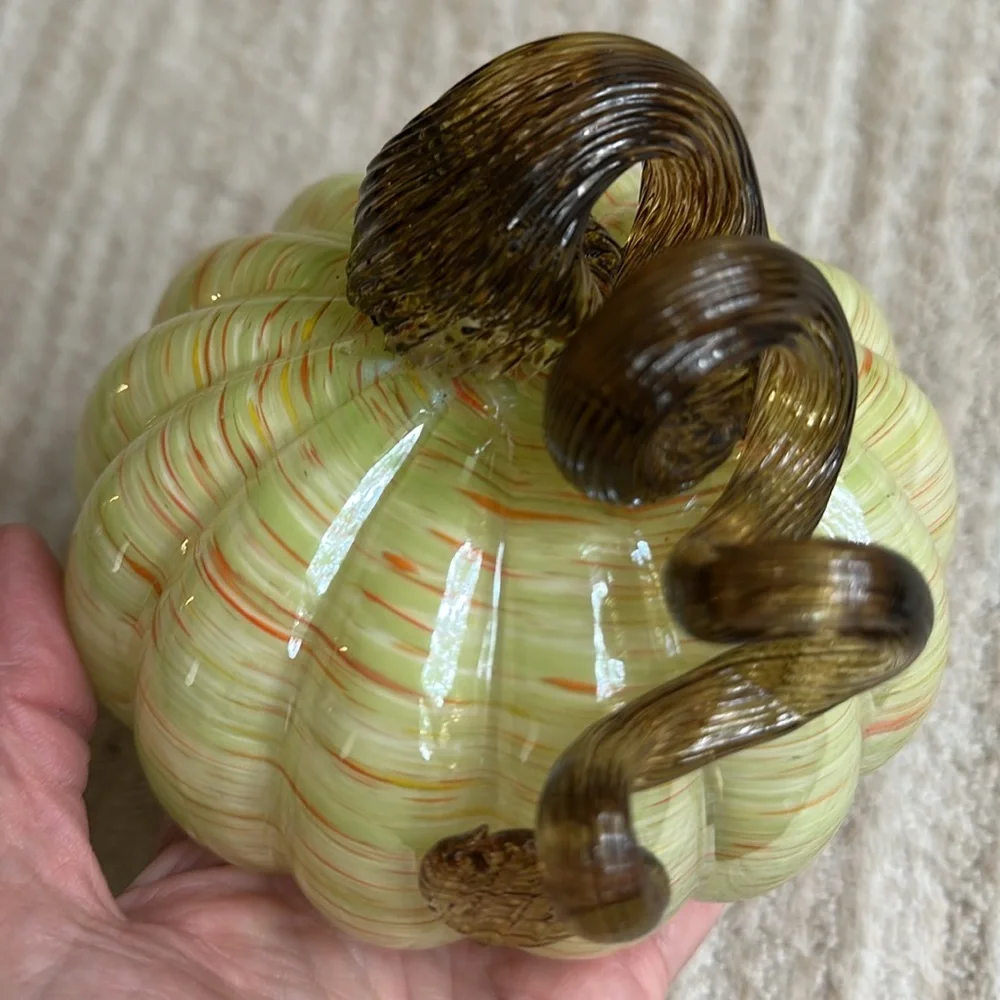 Hand Blown Art Glass Pumpkin Green Orange Flecks Twisted Reeded Clear Stem 5”x4”